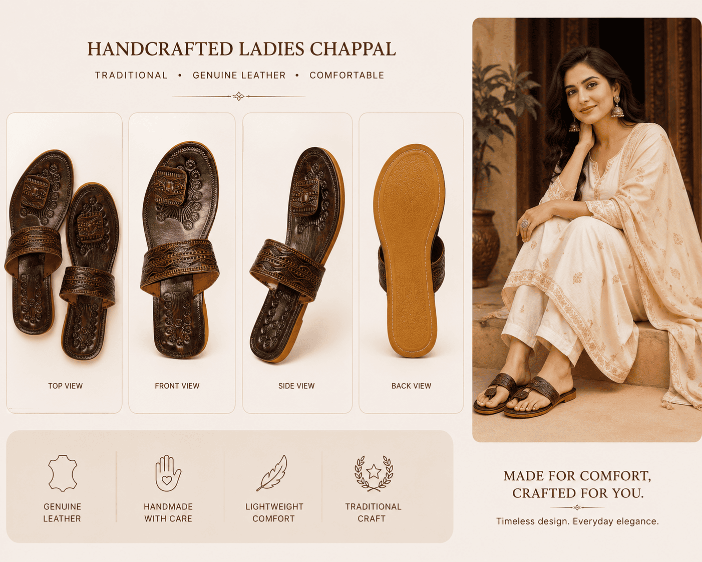 Handmade Chappal Ladies Brown Color - Image 2