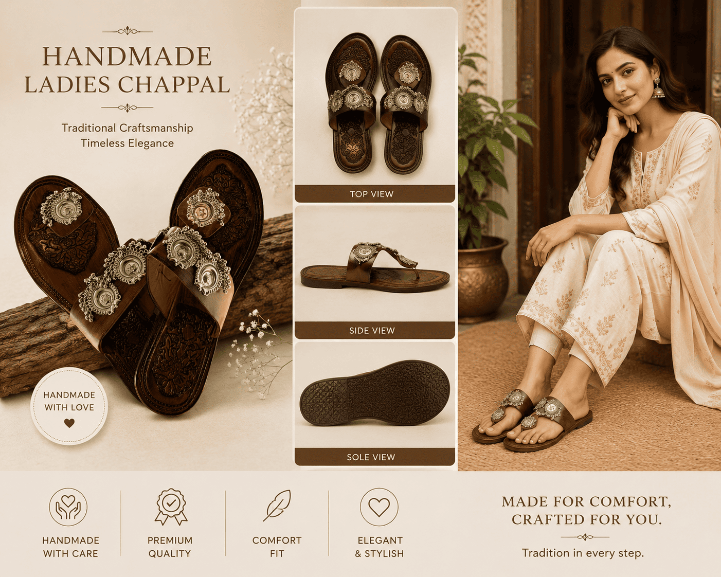 Women's Brown Genuine Leather Classic Chamba Chappal - Image 2